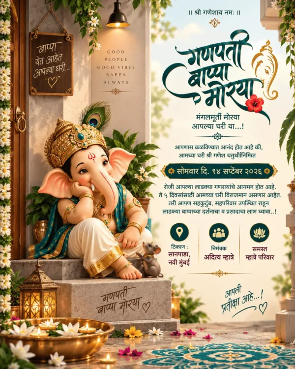Marathi Ganesh Chaturthi invitation card with Lord Ganesha, diyas, flowers and traditional décor