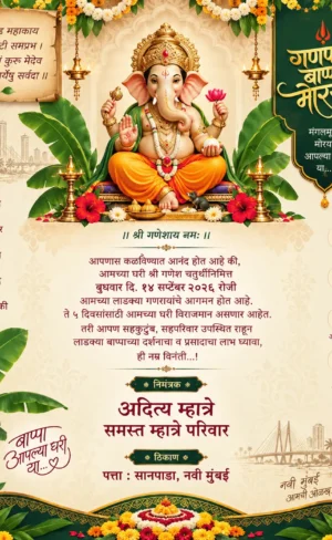 Traditional Marathi Ganesh Chaturthi invitation card with Lord Ganesha