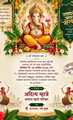 Traditional Ganesh Chaturthi invitation card Marathi with Lord Ganesha