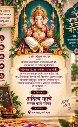 Elegant Ganesh Chaturthi invitation card Marathi with Lord Ganesha