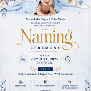 Naming Ceremony Invitation Card English with baby boy and blue floral design