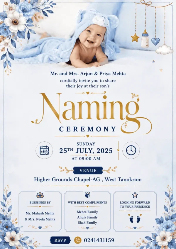 Naming Ceremony Invitation Card English with baby boy and blue floral design