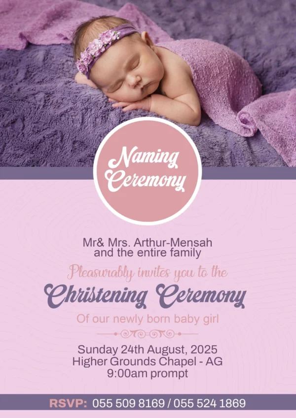 Naming Ceremony Invitation Card English baby girl lavender pink design