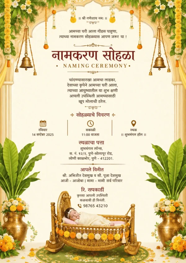 Marathi Naming Ceremony Invitation Card with traditional baby cradle