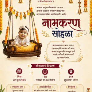 Traditional Marathi Naming Ceremony invitation with baby swing and marigold decorations