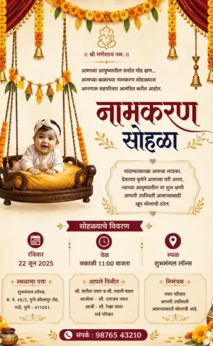 Traditional Marathi Naming Ceremony invitation with baby swing and marigold decorations