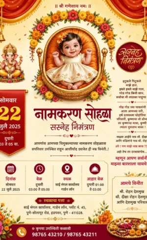 Traditional Marathi Naming Ceremony invitation with royal baby cradle and marigold decorations