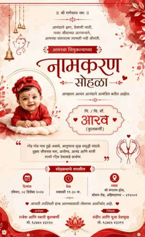 Marathi Naming Ceremony invitation with baby in red traditional attire