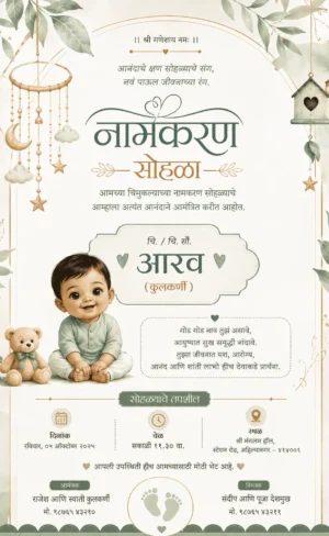 Marathi Naming Ceremony invitation with baby boy, teddy bear and sage green theme