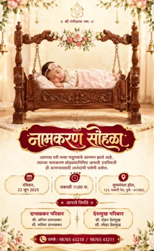 Marathi Naming Ceremony invitation with sleeping baby in traditional wooden cradle