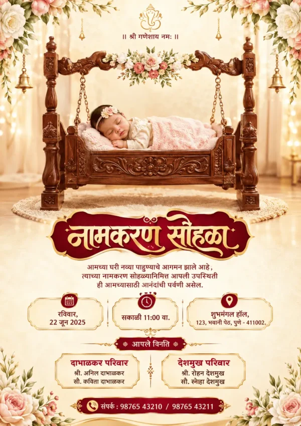 Naming Ceremony Invitation Card Marathi with sleeping baby in traditional wooden cradle