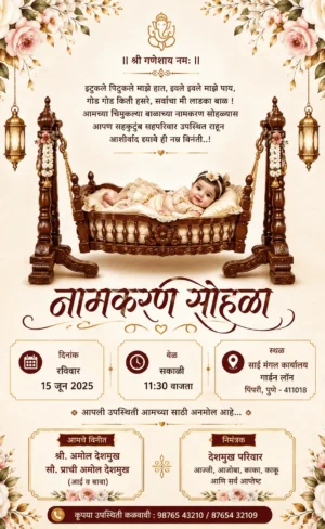 Marathi Naming Ceremony invitation with baby girl in traditional wooden cradle
