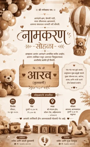 Marathi Naming Ceremony invitation with teddy bears and wooden baby theme