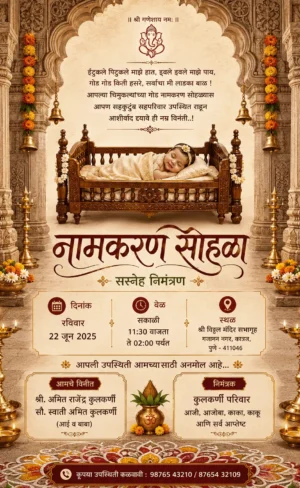 Traditional Marathi Naming Ceremony invitation with baby cradle and temple theme