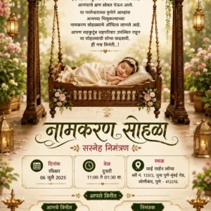 Marathi Naming Ceremony invitation with sleeping baby in floral wooden cradle