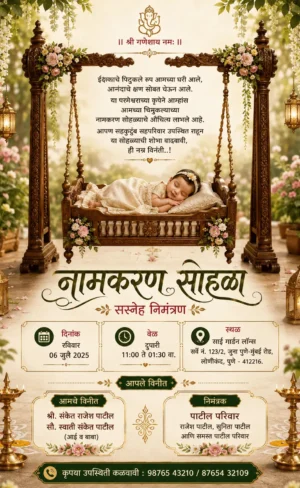 Marathi Naming Ceremony invitation with sleeping baby in floral wooden cradle