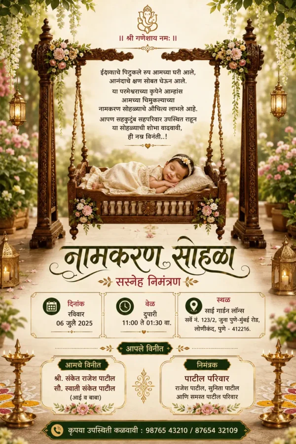 Marathi Naming Ceremony invitation with sleeping baby in floral wooden cradle