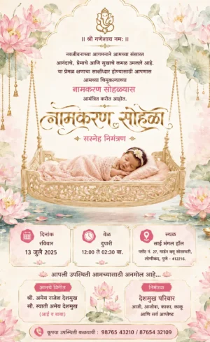 Marathi Naming Ceremony invitation with baby in golden cradle and lotus flowers