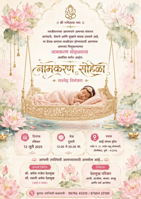 Marathi Naming Ceremony invitation with baby in golden cradle and lotus flowers