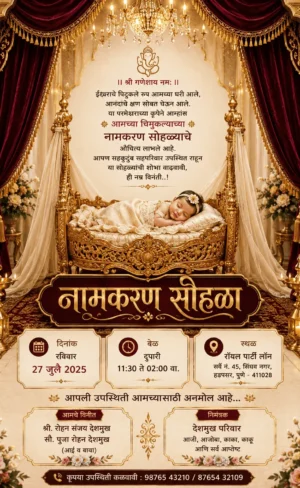 Luxury Marathi Naming Ceremony invitation with baby in golden cradle and royal maroon theme