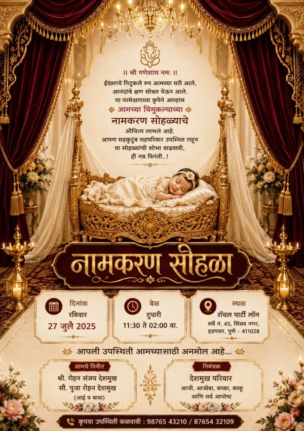 Luxury Marathi Naming Ceremony invitation with baby in golden cradle and royal maroon theme