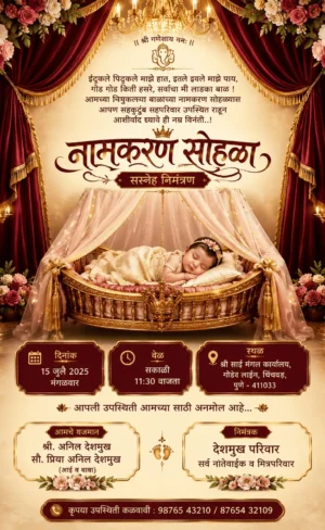 Royal Naming Ceremony Invitation Card Marathi with baby in golden canopy cradle
