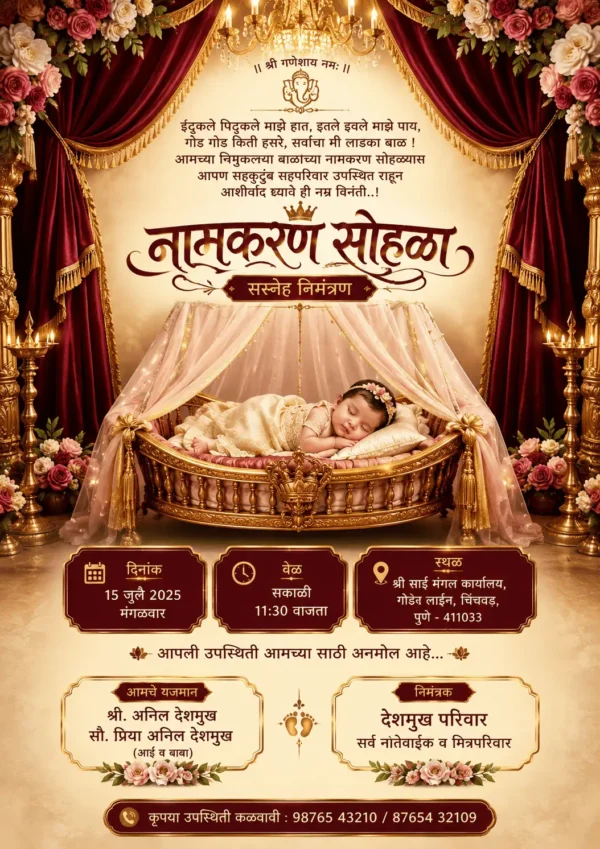 Royal Naming Ceremony Invitation Card Marathi with baby in golden canopy cradle