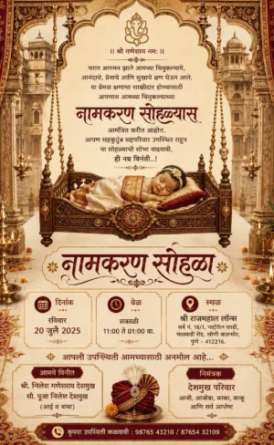 Grand Naming Ceremony Invitation Card Marathi with baby cradle and traditional Pheta