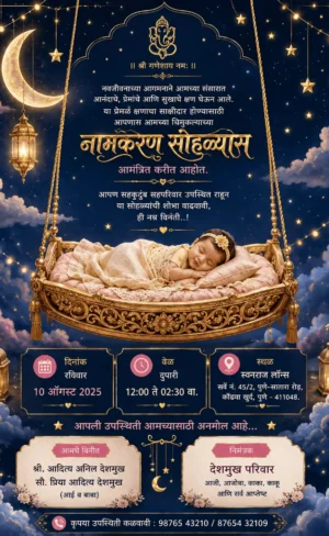 Magical Naming Ceremony Invitation Card Marathi with baby in golden hanging cradle and night sky theme