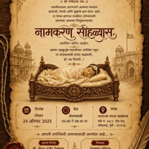 Royal vintage Naming Ceremony invitation Card Marathi with sleeping baby and ornate wooden cradle