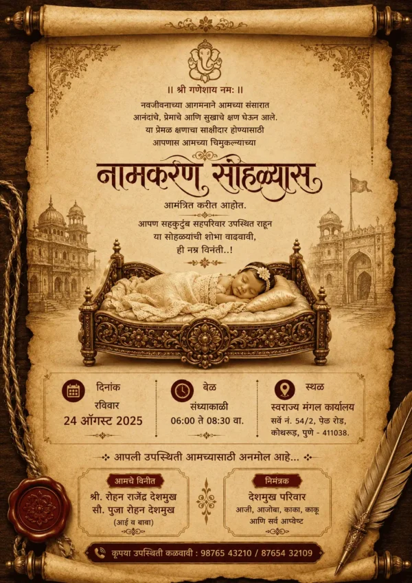 Royal vintage Naming Ceremony invitation Card Marathi with sleeping baby and ornate wooden cradle