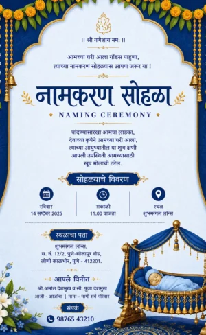 Royal blue Marathi Naming Ceremony invitation card with baby cradle