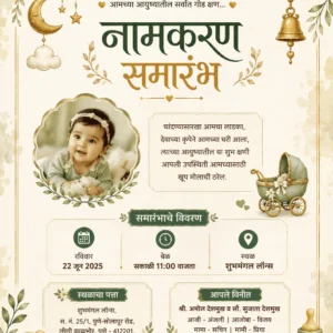 Elegant sage green Marathi Naming Ceremony invitation card with baby photo