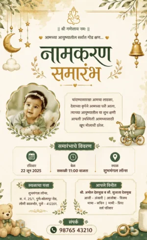 Elegant sage green Marathi Naming Ceremony invitation card with baby photo