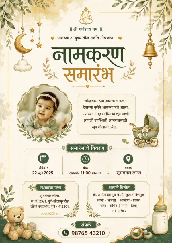 Elegant sage green Marathi Naming Ceremony invitation card with baby photo