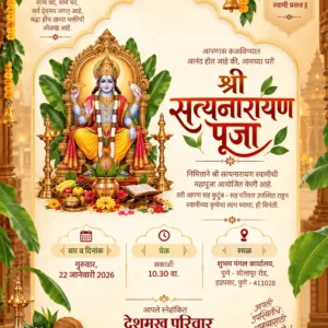 Marathi Satyanarayan Pooja invitation card with Lord Satyanarayan and traditional pooja decorations