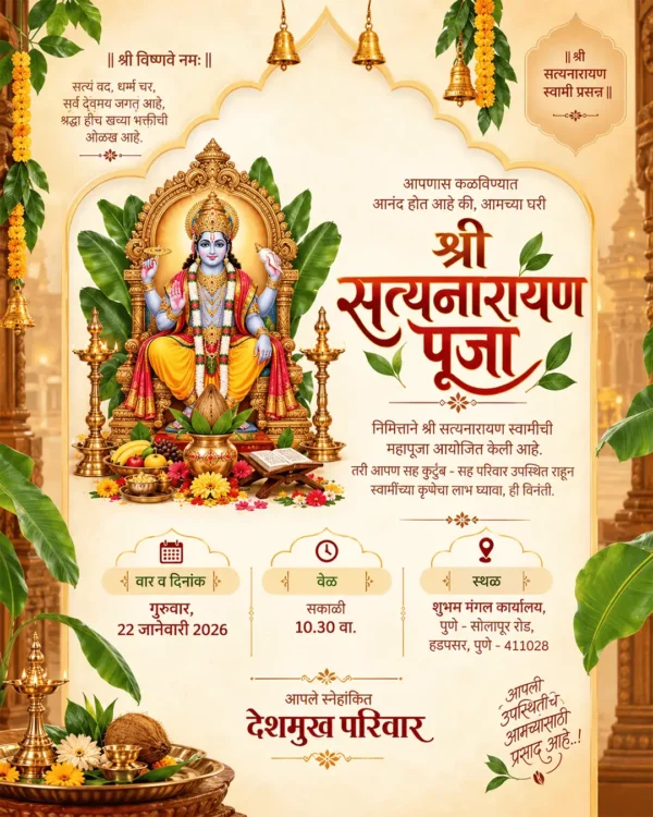 Marathi Satyanarayan Pooja invitation card with Lord Satyanarayan and traditional pooja decorations
