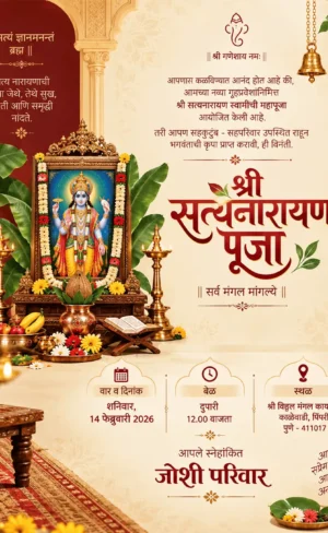 Satyanarayan Pooja Invitation Card Marathi with Lord Satyanarayan and traditional pooja decorations