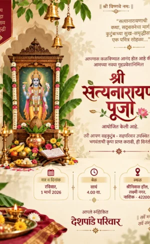 Satyanarayan Pooja Invitation Card Marathi with Lord Satyanarayan and traditional pooja decorations