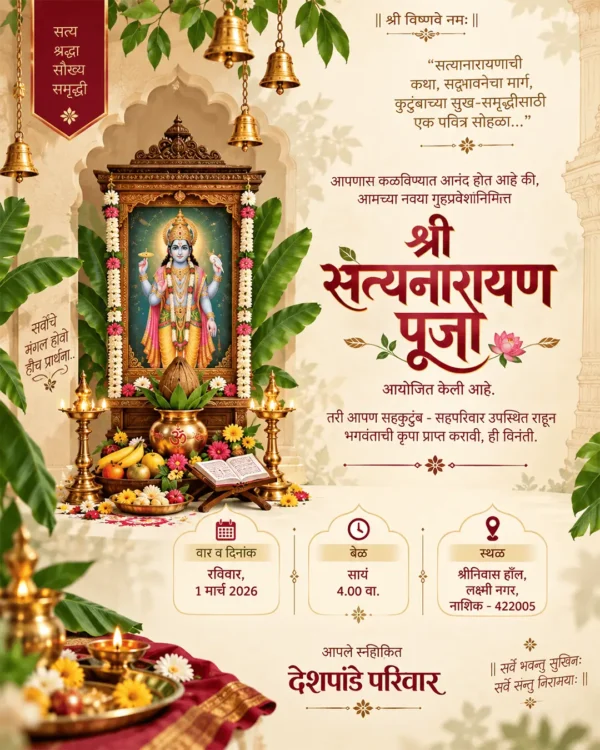 Satyanarayan Pooja Invitation Card Marathi with Lord Satyanarayan and traditional pooja decorations