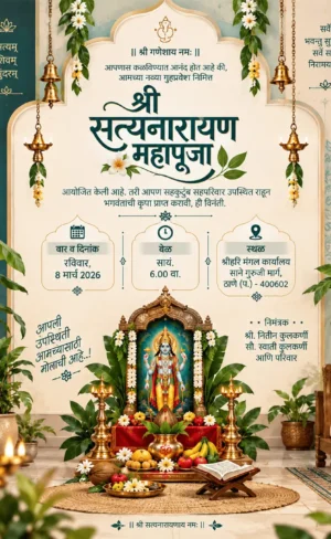 Satyanarayan Pooja Invitation Card Marathi with Lord Satyanarayan and traditional pooja decorations