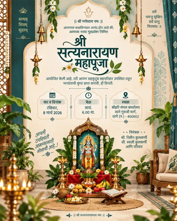 Satyanarayan Pooja Invitation Card Marathi with Lord Satyanarayan and traditional pooja decorations