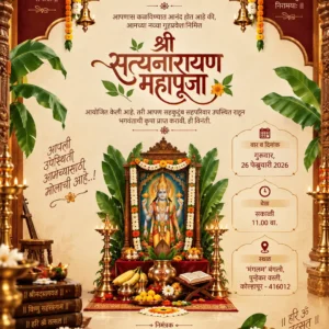 Satyanarayan Pooja Invitation Card Marathi with Lord Satyanarayan and traditional decorations