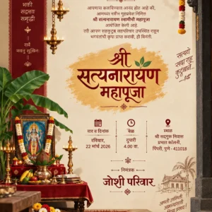 Satyanarayan Pooja Invitation Card Marathi with Lord Satyanarayan and traditional pooja setup