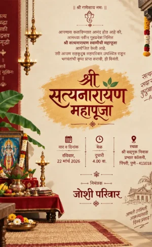 Satyanarayan Pooja Invitation Card Marathi with Lord Satyanarayan and traditional pooja setup
