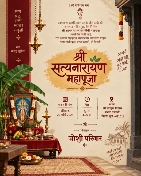 Satyanarayan Pooja Invitation Card Marathi with Lord Satyanarayan and traditional pooja setup