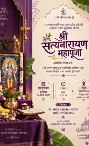 Satyanarayan Pooja Invitation Card Marathi with Lord Satyanarayan and purple traditional theme
