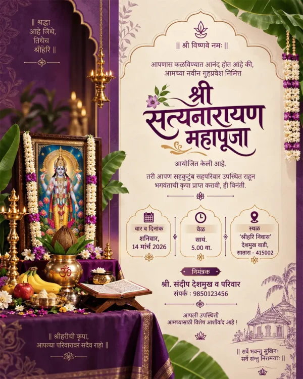 Satyanarayan Pooja Invitation Card Marathi with Lord Satyanarayan and purple traditional theme