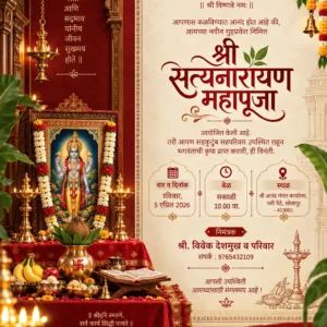 Satyanarayan Pooja Invitation Card Marathi with Lord Satyanarayan and traditional red gold theme