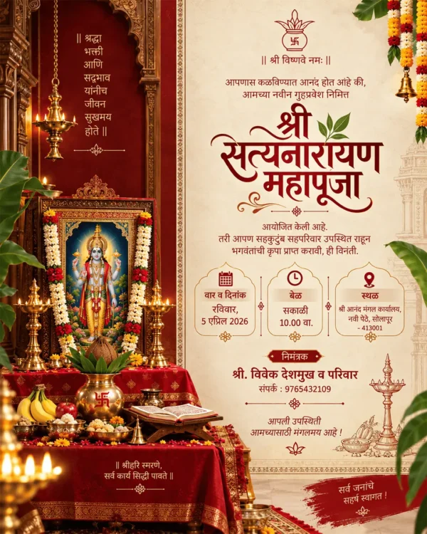 Satyanarayan Pooja Invitation Card Marathi with Lord Satyanarayan and traditional red gold theme